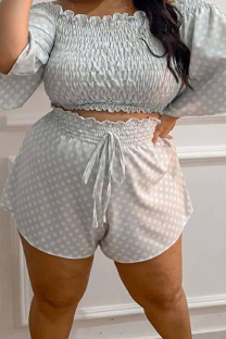 White Casual Dot Split Joint Off the Shoulder Plus Size Two Pieces