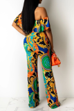 Multicolor Sexy Print Split Joint Off the Shoulder Straight Jumpsuits