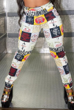 White Casual Print Patchwork Skinny High Waist Pencil Full Print Bottoms