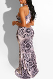 Grey Sexy Print Hollowed Out Patchwork Halter Straight Dresses