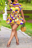 Yellow Sexy Print Split Joint O Neck Cake Skirt Plus Size Dresses