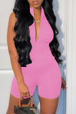 Pink Sexy Solid Patchwork V Neck Skinny Rompers