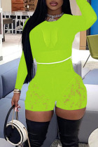 Fluorescent Green Sexy Solid Lace Split Joint See-through O Neck Long Sleeve Two Pieces