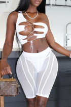 White Sexy Solid Hollowed Out One Shoulder Sleeveless Three Pieces