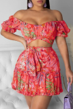 Red Sexy Print Patchwork Off the Shoulder Short Sleeve Two Pieces