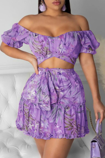 Purple Sexy Print Split Joint Off the Shoulder Short Sleeve Two Pieces