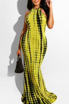 Yellow Black Sexy Print Hollowed Out Patchwork Halter Straight Dresses