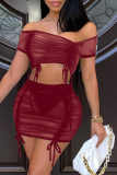 Burgundy Sexy Solid Mesh Off the Shoulder Short Sleeve Two Pieces