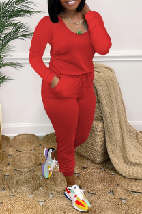 Red Casual Solid Split Joint U Neck Skinny Jumpsuits