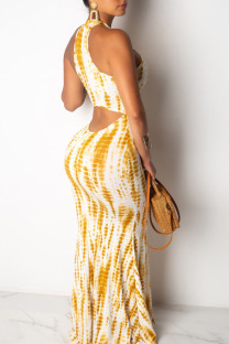 Yellow White Sexy Print Hollowed Out Patchwork Halter Straight Dresses