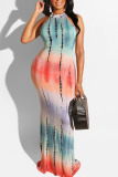 Sky Blue Sexy Print Hollowed Out Patchwork Halter Straight Dresses