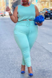 Sky Blue Fashion Casual Solid Vests Pants O Neck Plus Size Two Pieces