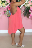 Pink Casual Solid Split Joint Spaghetti Strap Cake Skirt Dresses