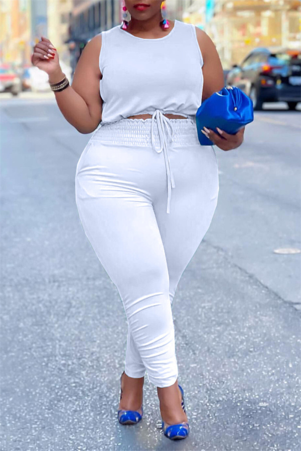 White Fashion Casual Solid Vests Pants O Neck Plus Size Two Pieces