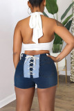 Deep Blue Fashion Casual Solid Bandage Split Joint Regular High Waist Conventional Patchwork Plus Size Jeans