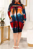 Blue Red Fashion Casual Plus Size Print Tie Dye Hollowed Out Half A Turtleneck Long Sleeve Dresses