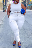 White Fashion Casual Solid Vests Pants O Neck Plus Size Two Pieces