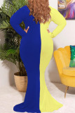 Blue Casual Patchwork Print Split Joint V Neck Trumpet Mermaid Plus Size Dresses