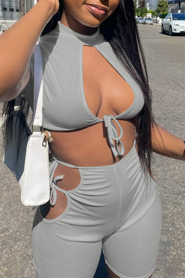 Grey Fashion Sexy Solid Bandage Hollowed Out Half A Turtleneck Short Sleeve Two Pieces