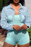 Light Blue Sexy Solid Ripped Turndown Collar Plus Size Overcoat