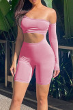 Pink Sexy Solid Hollowed Out Patchwork Oblique Collar Skinny Jumpsuits