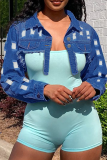 Light Blue Sexy Solid Ripped Turndown Collar Plus Size Overcoat