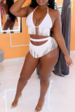 White Sexy Solid Tassel Hollowed Out Swimwears