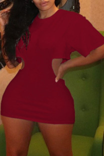 Burgundy Casual Solid Hollowed Out Zipper O Neck Pencil Skirt Dresses