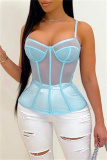Blue Fashion Sexy Solid See-through Backless Spaghetti Strap Tops