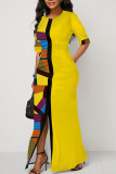 Yellow Casual Color Lump Print Patchwork Slit O Neck Straight Dresses