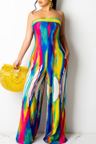 Yellow Sexy Print Bandage Split Joint Strapless Straight Jumpsuits