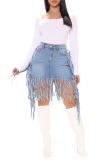 Deep Blue Casual Solid Tassel Skinny Mid Waist Pencil Solid Color Bottoms