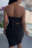Black Sexy Solid Split Joint Strapless Sleeveless Two Pieces