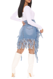 Light Blue Casual Solid Tassel Skinny Mid Waist Pencil Solid Color Bottoms