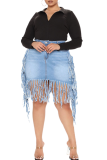 Light Blue Casual Solid Tassel Skinny Mid Waist Pencil Solid Color Bottoms