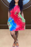 Tangerine Red Sexy Patchwork Tie-dye O Neck Pencil Skirt Dresses