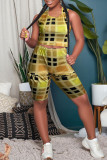 Yellow Fashion Casual Plaid Print Vests O Neck Sleeveless Two Pieces
