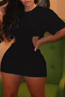 Black Casual Solid Hollowed Out Zipper O Neck Pencil Skirt Dresses