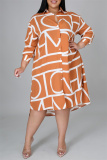 Orange Fashion Casual Plus Size Print Basic Turndown Collar Shirt Dress