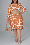 Orange Fashion Casual Plus Size Print Basic Turndown Collar Shirt Dress