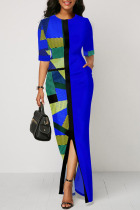 Blue Casual Color Lump Print Split Joint Slit O Neck Straight Dresses