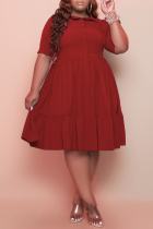 Red Fashion Casual Solid Basic Turndown Collar Plus Size Dresses