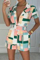 Green Casual Geometric Print Patchwork Turn-back Collar Straight Rompers