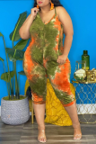 Green Sexy Patchwork Tie-dye V Neck Plus Size Jumpsuits