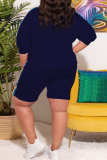 Deep Blue Casual Solid Patchwork O Neck Plus Size Two Pieces