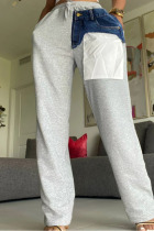 Grey Casual Solid Split Joint Pocket Straight High Waist Straight Patchwork Bottoms