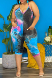 Green Sexy Patchwork Tie-dye V Neck Plus Size Jumpsuits