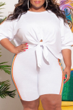 White Casual Solid Patchwork O Neck Plus Size Two Pieces