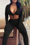 Black Casual Solid Patchwork Frenulum V Neck Long Sleeve Two Pieces