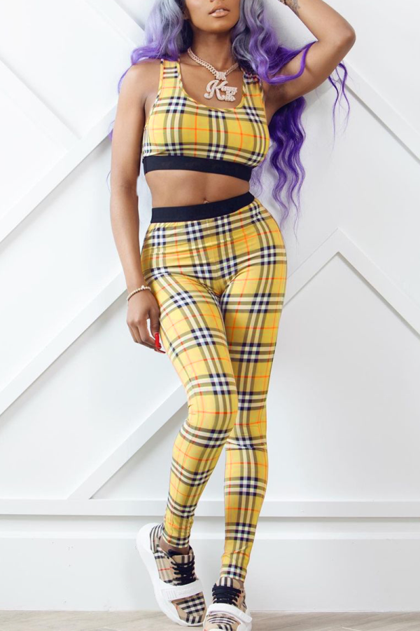 Yellow Sexy Plaid Patchwork O Neck Sleeveless Two Pieces